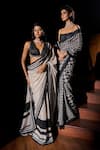 Seema Gujral_Black Georgette Sequins, Beads Square Neck Houndstooth Work Saree With Blouse _Online_at_Aza_Fashions