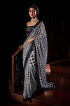 Shop_Seema Gujral_Black Georgette Sequins, Beads Square Neck Houndstooth Work Saree With Blouse _at_Aza_Fashions