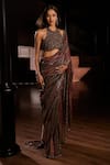 Buy_Seema Gujral_Wine Georgette Sequins Halter Neck Vintage Work Saree With Blouse _at_Aza_Fashions