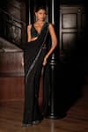 Shop_Seema Gujral_Black Georgette Embroidery, Sequins, Beads V-neck Pre-draped Saree With Blouse _Online_at_Aza_Fashions