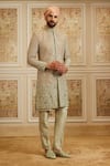 Buy_Roqa_Green Silk, Cotton Embroidery Afshin Sherwani Set _at_Aza_Fashions
