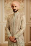 Buy_Roqa_Green Silk, Cotton Embroidery Afshin Sherwani Set _Online_at_Aza_Fashions