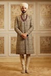 Buy_Roqa_Gold Silk, Cotton Embroidery, Zari Nawaaz Zardozi Work Sherwani Set _at_Aza_Fashions