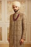Roqa_Gold Silk, Cotton Embroidery, Zari Nawaaz Zardozi Work Sherwani Set _Online_at_Aza_Fashions