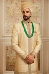 Roqa_Gold Silk, Cotton Embroidery, Metallic Thread Meheram Sherwani Kurta Set _Online_at_Aza_Fashions