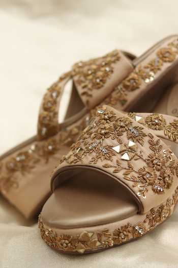 Around Always_Beige Zari, Mirrors, Beads, Crystals Buttercup Floral And Work Wedges _Online_at_Aza_Fashions