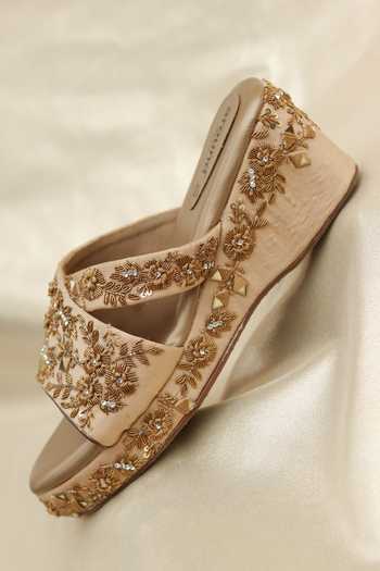 Buy_Around Always_Beige Zari, Mirrors, Beads, Crystals Buttercup Floral And Work Wedges _Online_at_Aza_Fashions