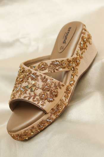 Shop_Around Always_Beige Zari, Mirrors, Beads, Crystals Buttercup Floral And Work Wedges _at_Aza_Fashions