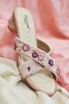 Shop_Around Always_Pink Embroidery, Pearls Kiran Floral Threadwork Crossover Strap Heels _at_Aza_Fashions