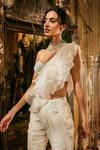 Varun Chakkilam_Ivory Satin, Organza Embroidery, Sequins One Shoulder Opaline Grace Cape Set _Online_at_Aza_Fashions