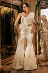 Buy_Varun Chakkilam_Ivory Satin, Organza Embroidery, Sequins One Shoulder Opaline Grace Cape Set _at_Aza_Fashions