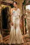 Shop_Varun Chakkilam_Ivory Satin, Organza Embroidery, Sequins One Shoulder Opaline Grace Cape Set _Online_at_Aza_Fashions