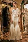 Shop_Varun Chakkilam_Ivory Satin, Organza Embroidery, Sequins One Shoulder Opaline Grace Cape Set _at_Aza_Fashions