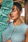 Varun Chakkilam_Aqua Satin, Organza Sequins, Beads High Neck Bloom Embroidered Lehenga Set _Online_at_Aza_Fashions