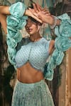 Shop_Varun Chakkilam_Aqua Satin, Organza Sequins, Beads High Neck Bloom Embroidered Lehenga Set _Online_at_Aza_Fashions