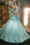 Shop_Varun Chakkilam_Aqua Satin, Organza Sequins, Beads High Neck Bloom Embroidered Lehenga Set _at_Aza_Fashions