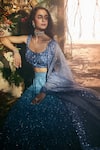 Varun Chakkilam_Blue Satin, Organza Sequins, Embroidery Square Neck Ocean Starlight Lehenga Set _at_Aza_Fashions