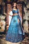Buy_Varun Chakkilam_Blue Satin, Organza Sequins, Embroidery Square Neck Ocean Starlight Lehenga Set _at_Aza_Fashions