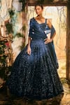 Buy_Varun Chakkilam_Navy Satin, Organza Embroidery, Sequins Sweetheart Neck Aura Lehenga Set _at_Aza_Fashions
