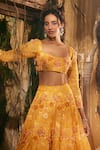 Shop_Varun Chakkilam_Yellow Satin, Organza Embroidery, Zari Square Neck Sun-kissed Lehenga Set _at_Aza_Fashions