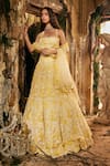 Buy_Varun Chakkilam_Yellow Satin, Organza Embroidery Square Neck Daisy Dew Lehenga Set _at_Aza_Fashions