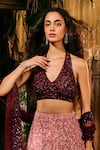 Varun Chakkilam_Pink Satin, Organza Sequins, Embroidery V-neck Crimson Aurora Lehenga Set _at_Aza_Fashions