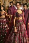 Varun Chakkilam_Maroon Satin, Organza Embroidery, Sequins Plumage Floral Pattern Lehenga Set _at_Aza_Fashions