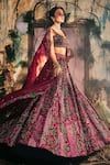 Varun Chakkilam_Maroon Satin, Organza Embroidery, Sequins Plumage Floral Pattern Lehenga Set _Online_at_Aza_Fashions