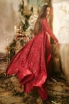 Varun Chakkilam_Red Organza, Lycra Embroidery Open Neck, Sweetheart Imperial Jacket And Pant Set _Online_at_Aza_Fashions