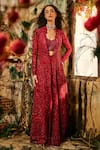 Buy_Varun Chakkilam_Red Organza, Lycra Embroidery Open Neck, Sweetheart Imperial Jacket And Pant Set _at_Aza_Fashions