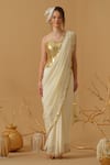 Buy_Abstract By Megha Jain Madaan_Gold Silk, Crepe, Jersey, Cotton Pre-draped Saree With Embellished Corset _Online_at_Aza_Fashions