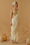 Shop_Abstract By Megha Jain Madaan_Gold Silk, Crepe, Jersey, Cotton Pre-draped Saree With Embellished Corset _Online_at_Aza_Fashions
