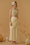 Buy_Abstract By Megha Jain Madaan_Gold Georgette, Cotton, Jersey, Tissue Floral Work Top With Draped Skirt _Online_at_Aza_Fashions