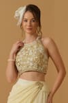 Shop_Abstract By Megha Jain Madaan_Gold Georgette, Cotton, Jersey, Tissue Floral Work Top With Draped Skirt _Online_at_Aza_Fashions