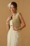 Shop_Abstract By Megha Jain Madaan_Ivory Silk, Crepe, Georgette, Tissue Sequins, Jacket With Draped Dress _Online_at_Aza_Fashions