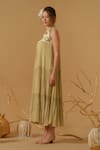 Abstract By Megha Jain Madaan_Gold Georgette, Tissue Sequins Mandarin Collar Embellished Yoke Tiered Dress _Online_at_Aza_Fashions