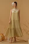 Buy_Abstract By Megha Jain Madaan_Gold Georgette, Tissue Sequins Mandarin Collar Embellished Yoke Tiered Dress _at_Aza_Fashions
