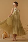 Shop_Abstract By Megha Jain Madaan_Gold Georgette, Tissue Sequins Mandarin Collar Embellished Yoke Tiered Dress _Online_at_Aza_Fashions