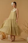 Abstract By Megha Jain Madaan_Gold Georgette, Tissue Sequins Mandarin Collar Embellished Yoke Tiered Dress _at_Aza_Fashions