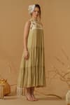 Shop_Abstract By Megha Jain Madaan_Gold Georgette, Tissue Sequins Mandarin Collar Embellished Yoke Tiered Dress 