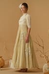 Abstract By Megha Jain Madaan_Gold Georgette, Cotton Embroidery, Sequins, Beads Mandarin Collar Floral Dress _Online_at_Aza_Fashions