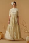 Buy_Abstract By Megha Jain Madaan_Gold Georgette, Cotton Embroidery, Sequins, Beads Mandarin Collar Floral Dress _at_Aza_Fashions