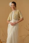 Abstract By Megha Jain Madaan_Ivory Georgette, Tissue Embroidery, Sequins, Draped Saree Gown And Jacket Set _Online_at_Aza_Fashions