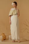 Buy_Abstract By Megha Jain Madaan_Ivory Georgette, Cotton, Tissue Draped Saree Gown And Embroidered Capelet Set 