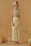 Shop_Abstract By Megha Jain Madaan_Gold Georgette, Tissue, Tulle Ruffles Frilled Bordered Dupatta _at_Aza_Fashions