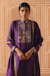 Shop_Drishti & Zahabia_Purple Dupion, Silk Embroidery, Sequins, Mirrors, Cross Stitch Print Kurta Set _at_Aza_Fashions