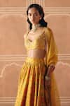 Drishti & Zahabia_Yellow Dupion, Silk, Organza Embroidery, Cross Stitch Print Gathered Lehenga Set _Online_at_Aza_Fashions