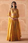 Buy_Drishti & Zahabia_Yellow Dupion, Silk, Organza Embroidery, Cross Stitch Print Gathered Lehenga Set _at_Aza_Fashions
