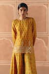 Shop_Drishti & Zahabia_Yellow Dupion, Silk Embroidery, Zari, Cross Stitch Print Kurta And Pant Set _at_Aza_Fashions