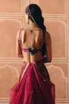 Shop_Drishti & Zahabia_Maroon Dupion, Silk, Organza Zari, Floral Cross Stitch Print Lehenga Set _at_Aza_Fashions